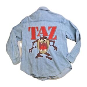 VTG 1992 Warner Bros Taz Denim‎ Shirt Adult XL Blue Genius Tag USA Made